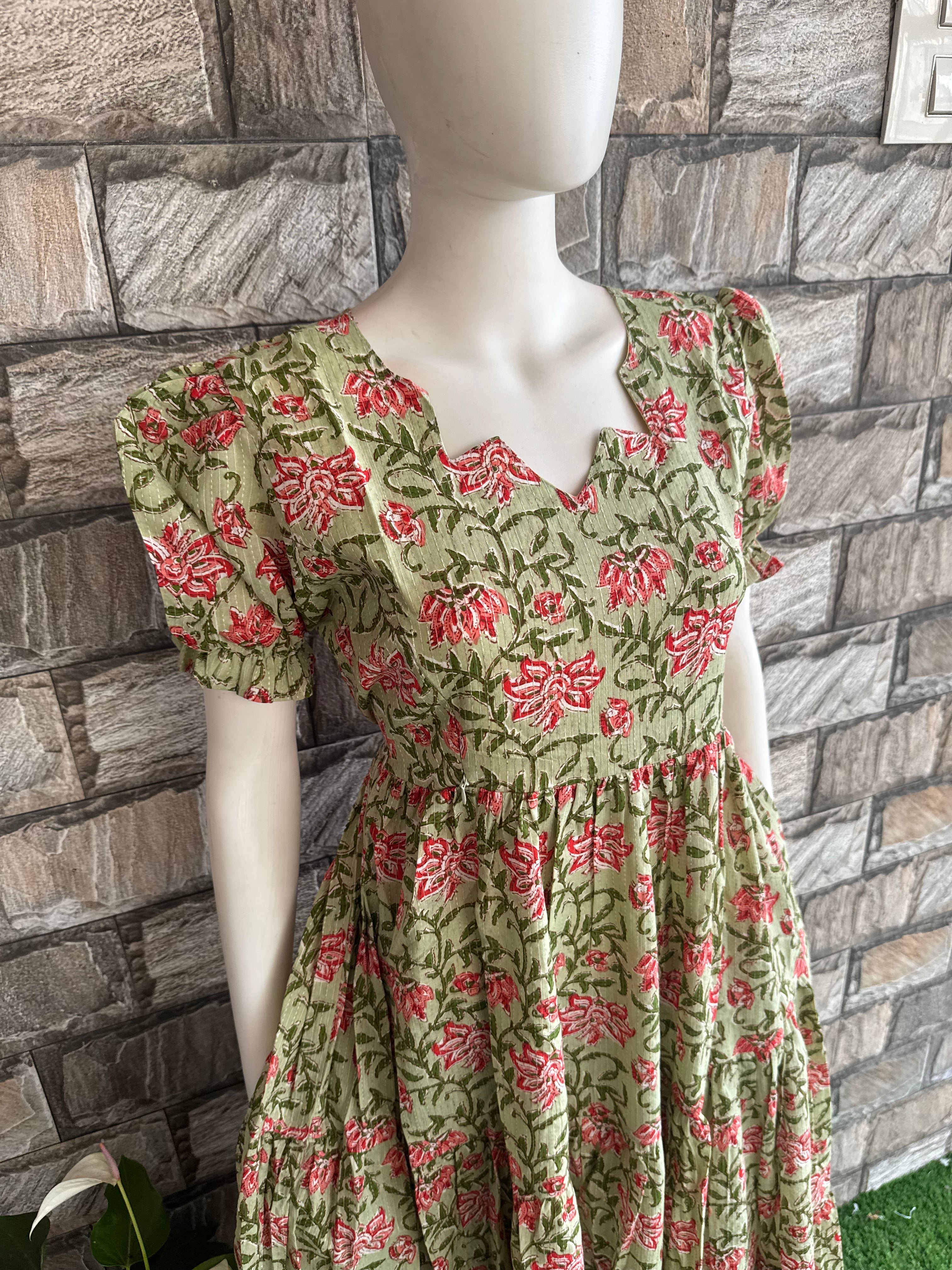 Green pink flower cotton maxi