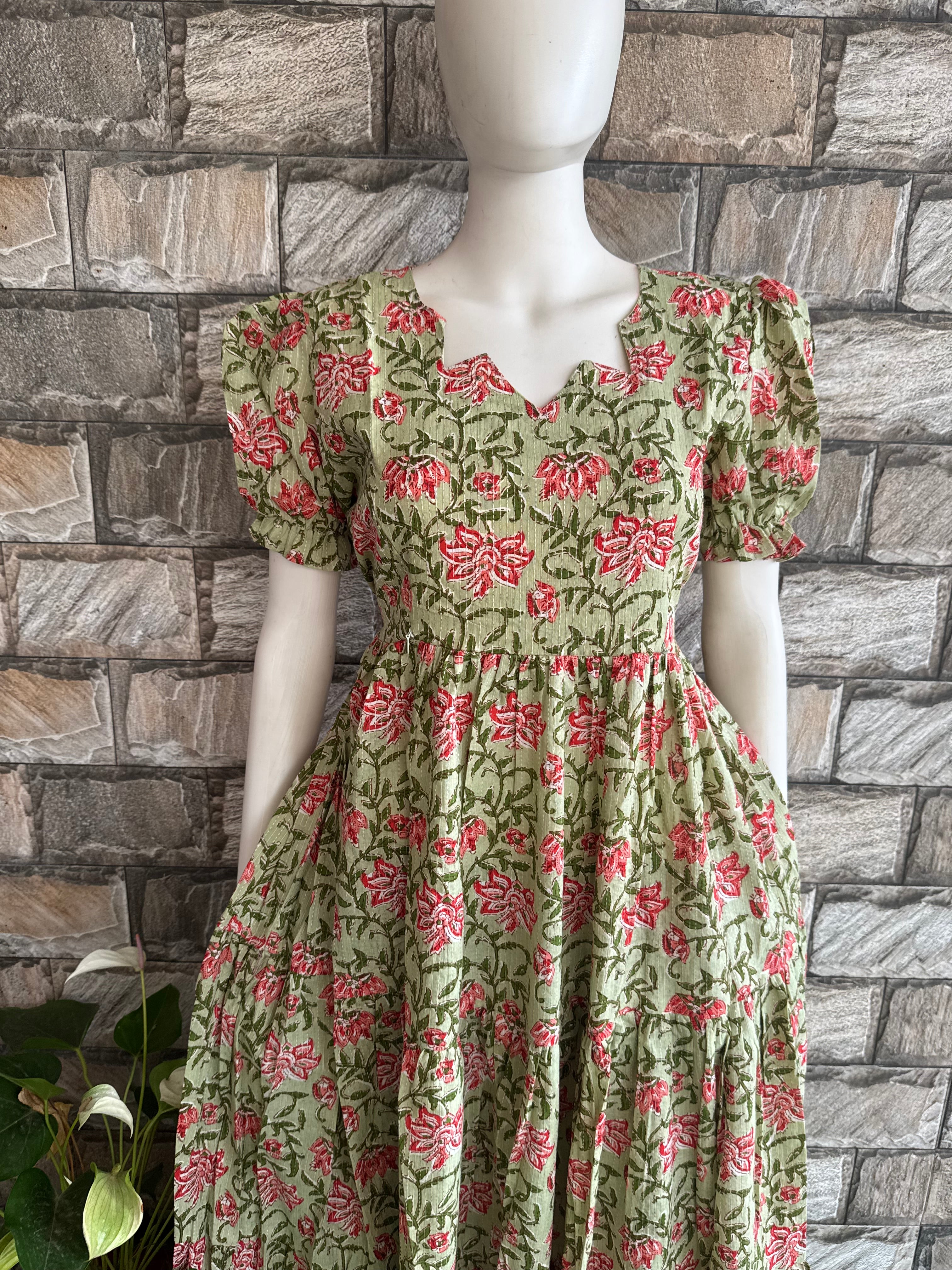 Green pink flower cotton maxi