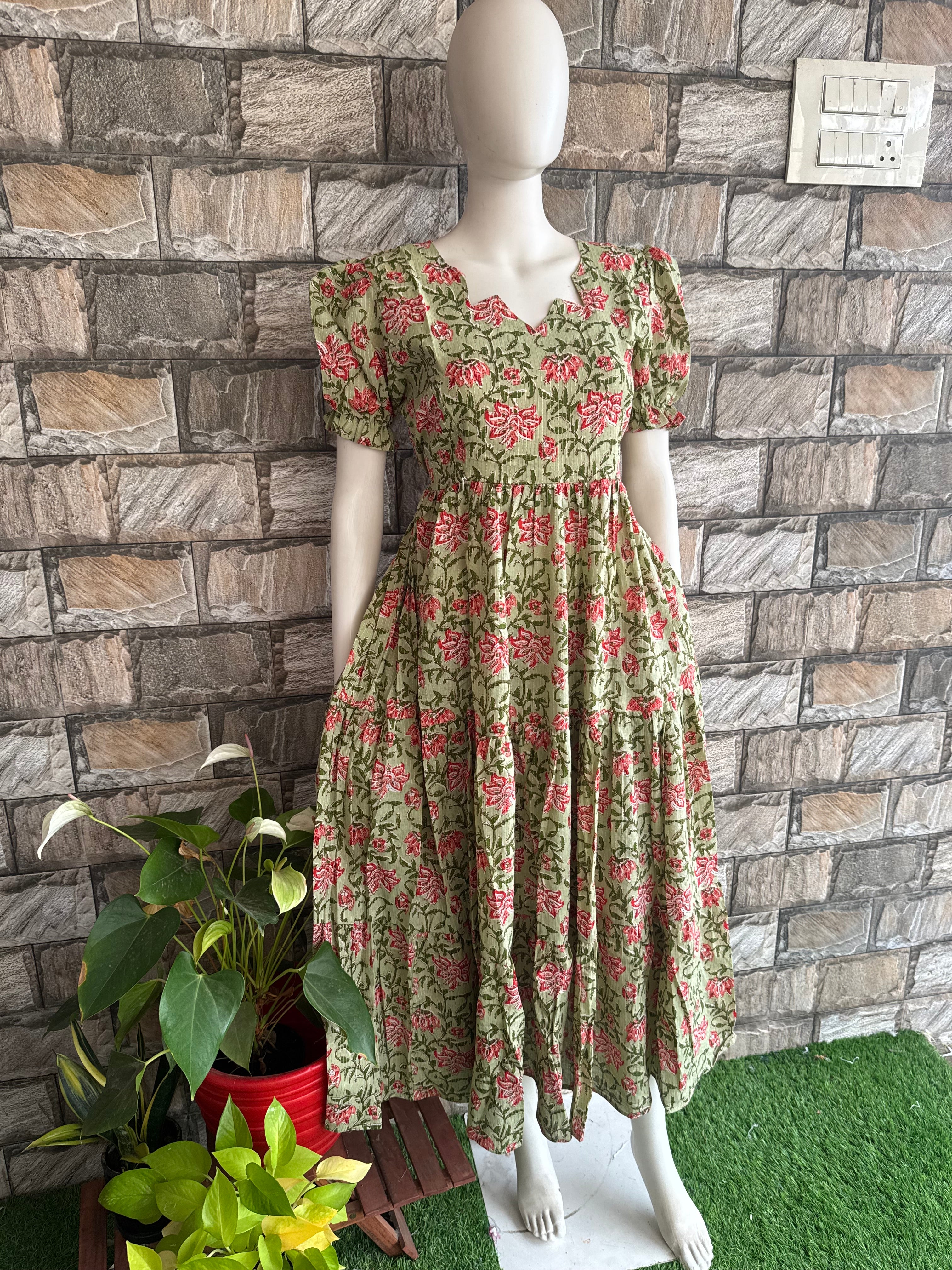 Green pink flower cotton maxi