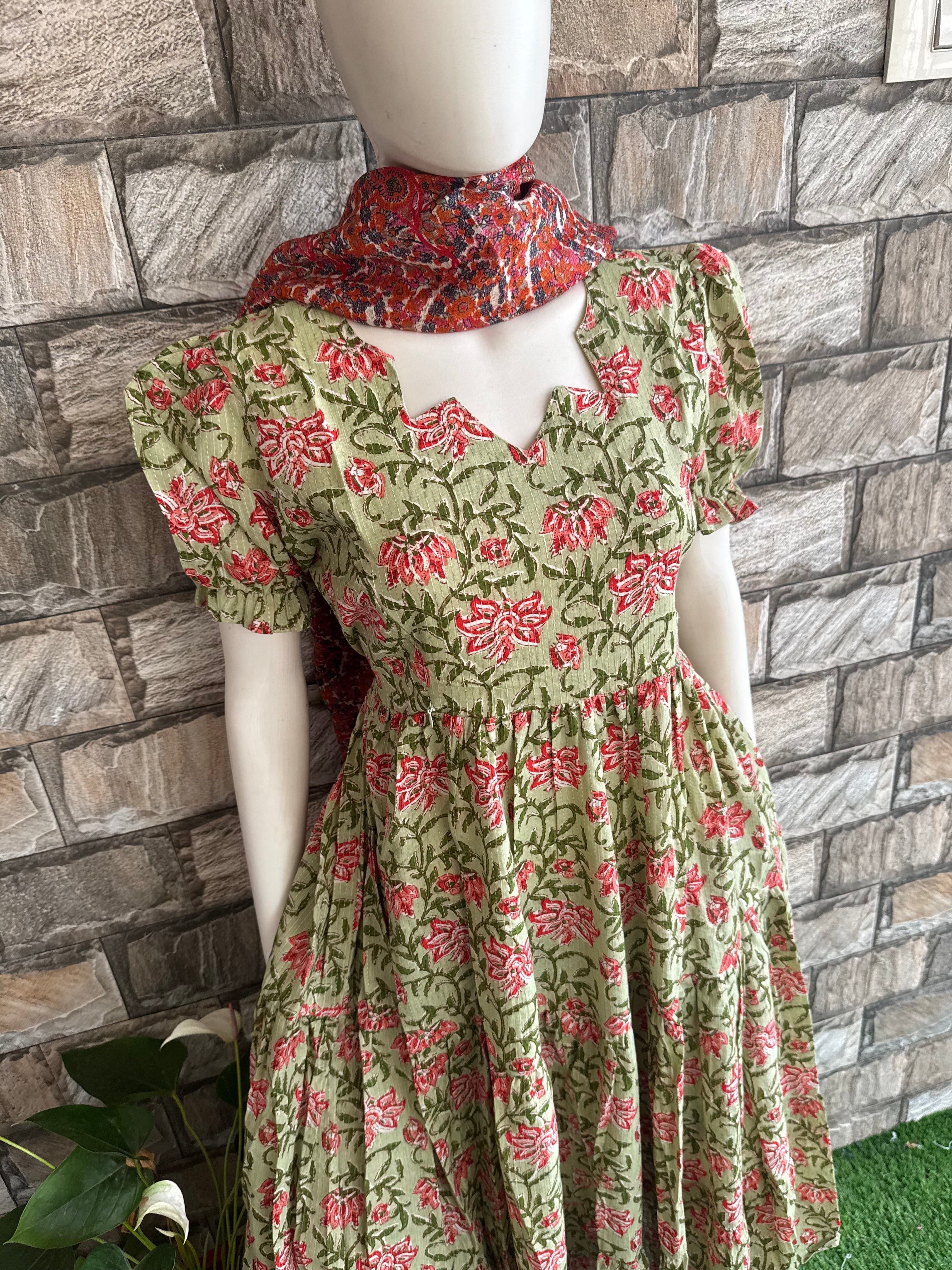 Green pink flower cotton maxi