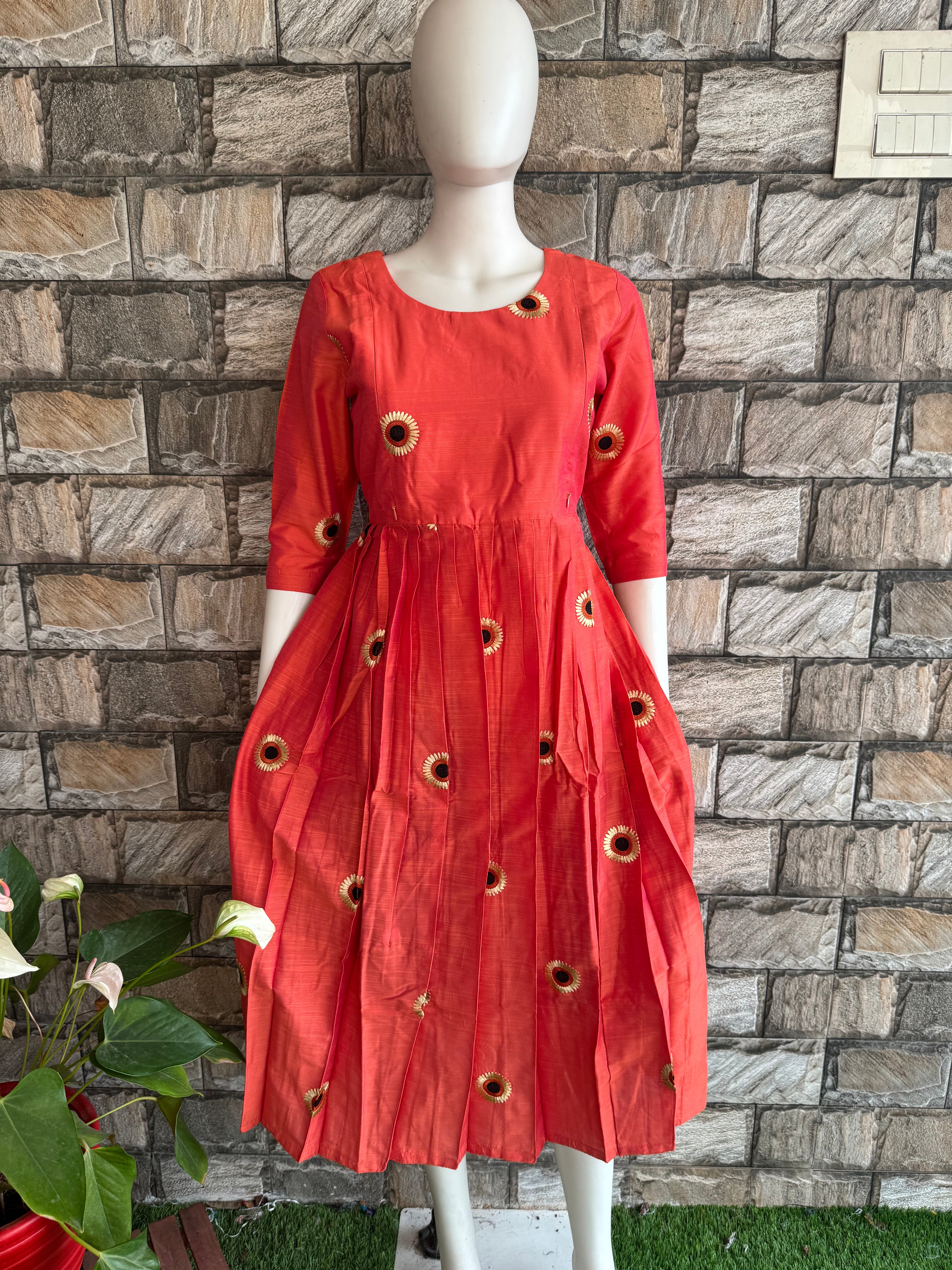 Rust orange sunflower raw silk CF151