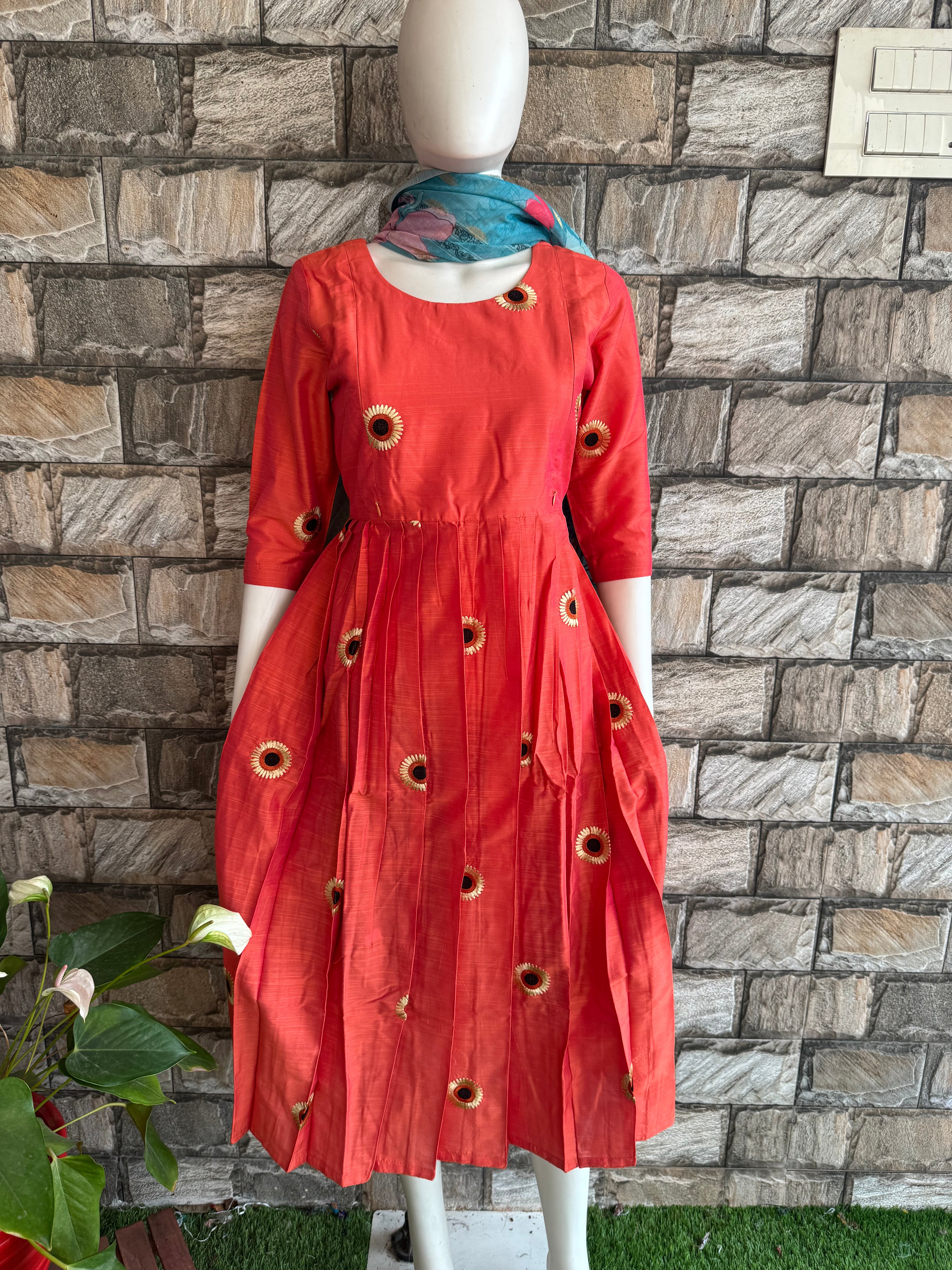 Rust orange sunflower raw silk CF151