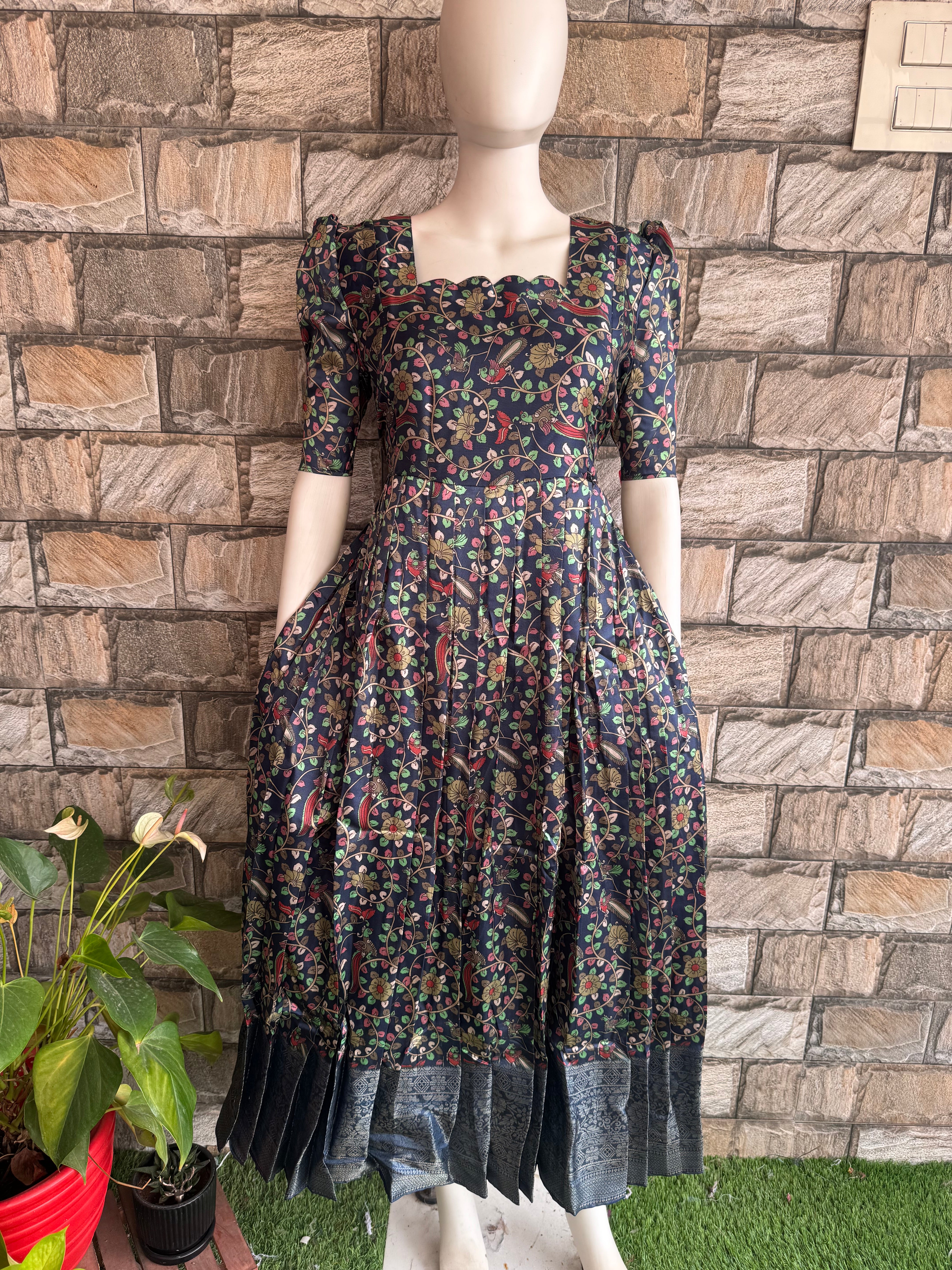 Blue Kalamkari Litchi silk Maternity Maxi