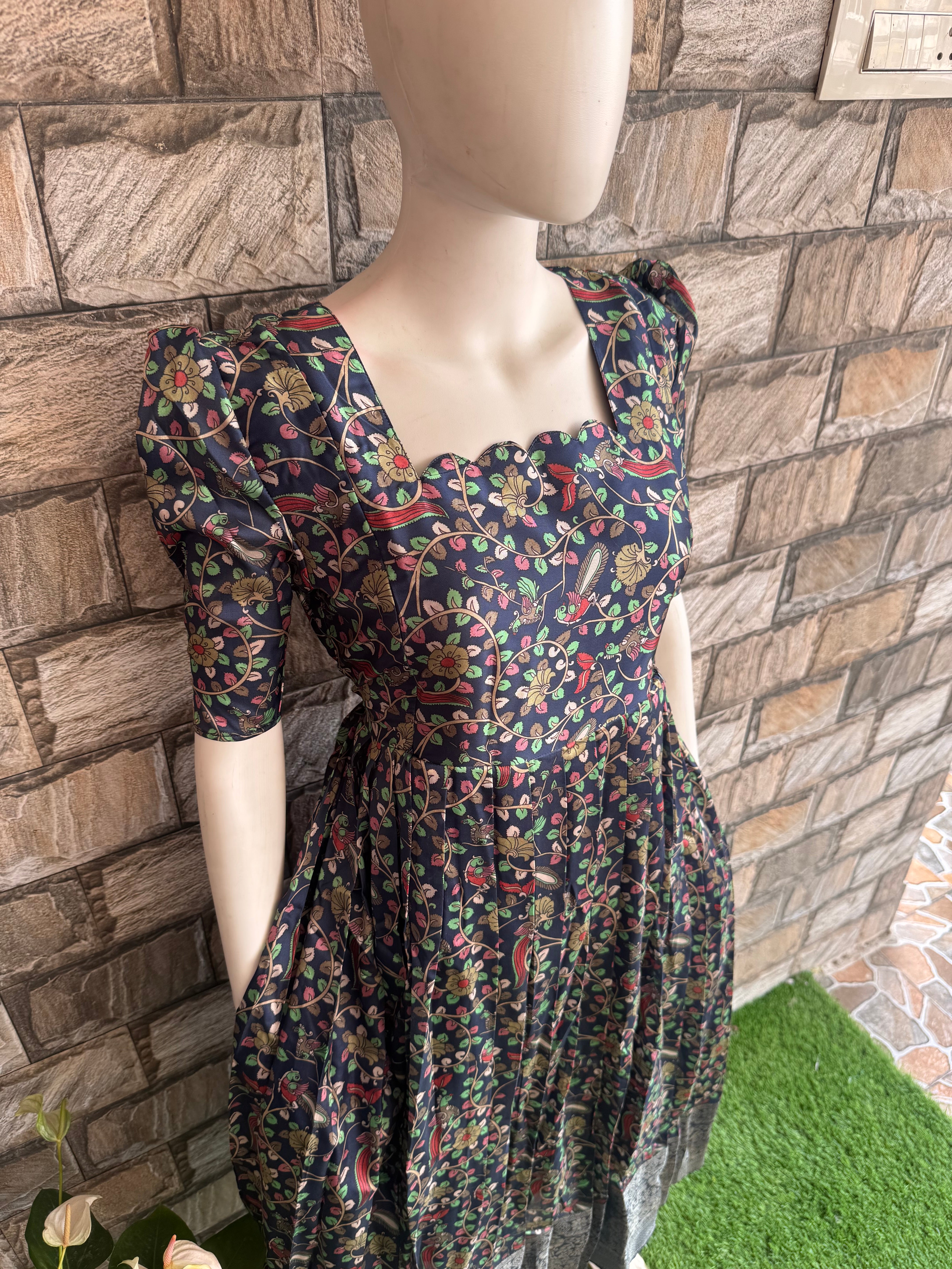 Blue Kalamkari Litchi silk Maternity Maxi