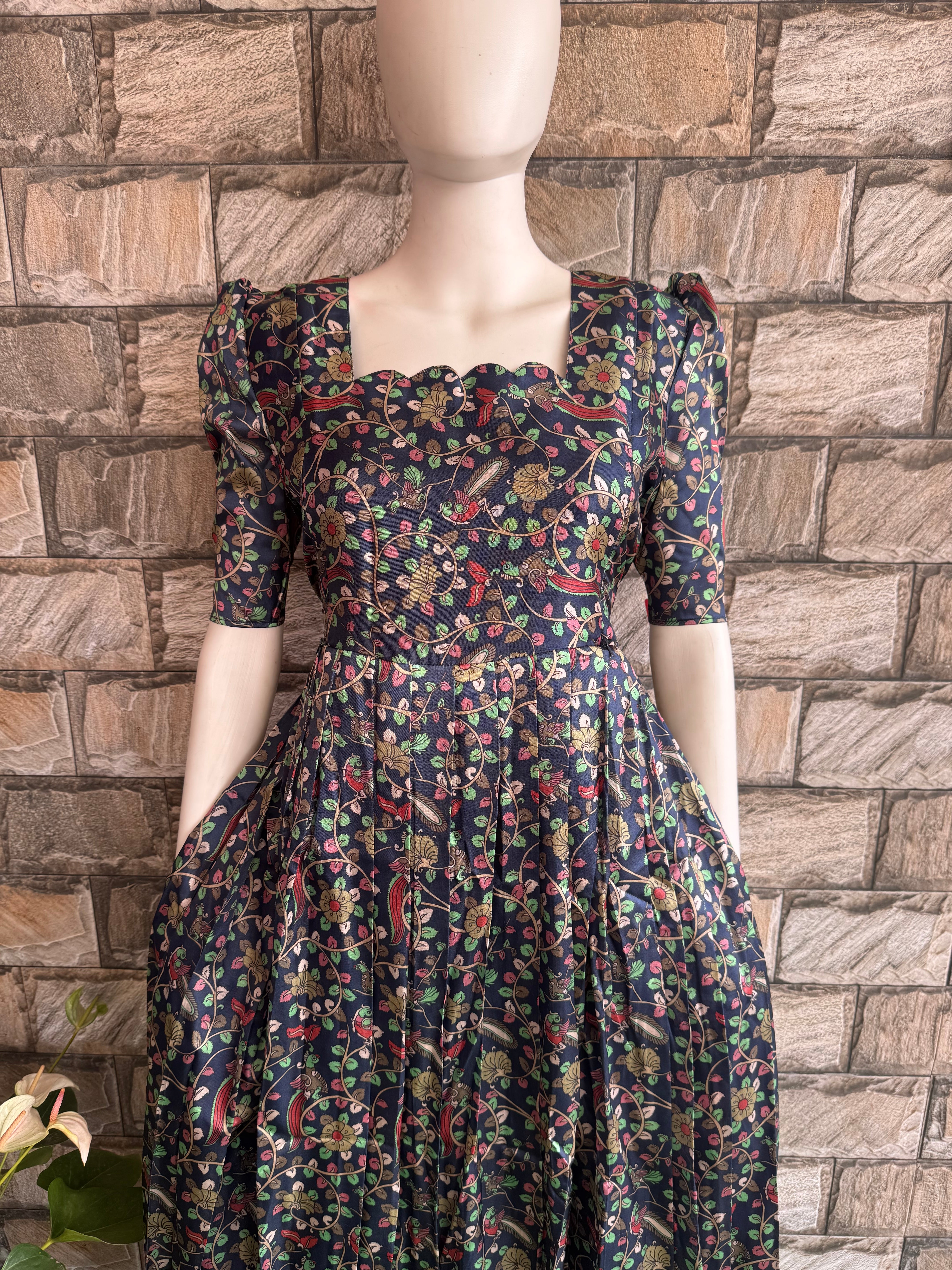 Blue Kalamkari Litchi silk Maternity Maxi