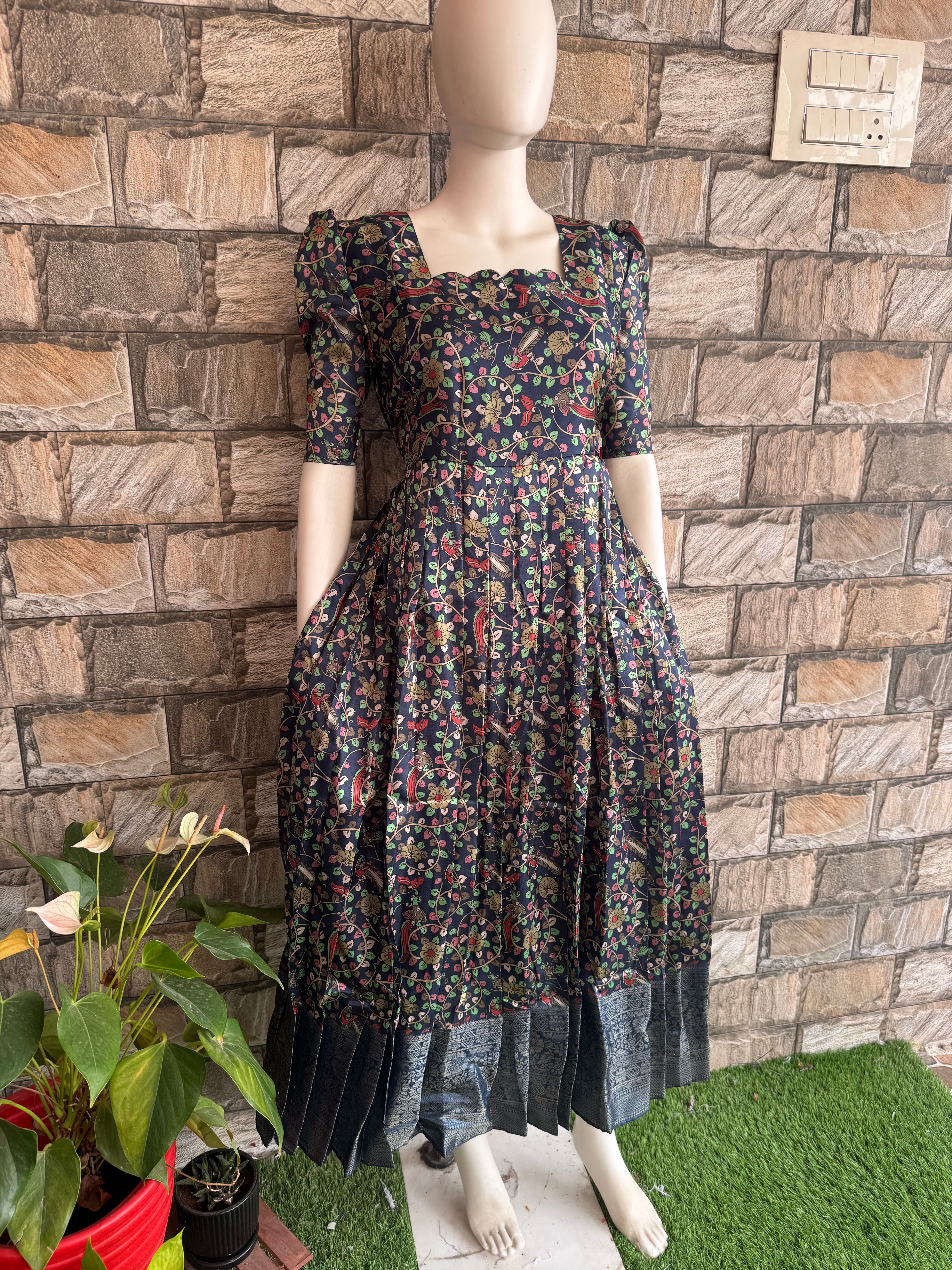 Blue Kalamkari Litchi silk Maternity Maxi