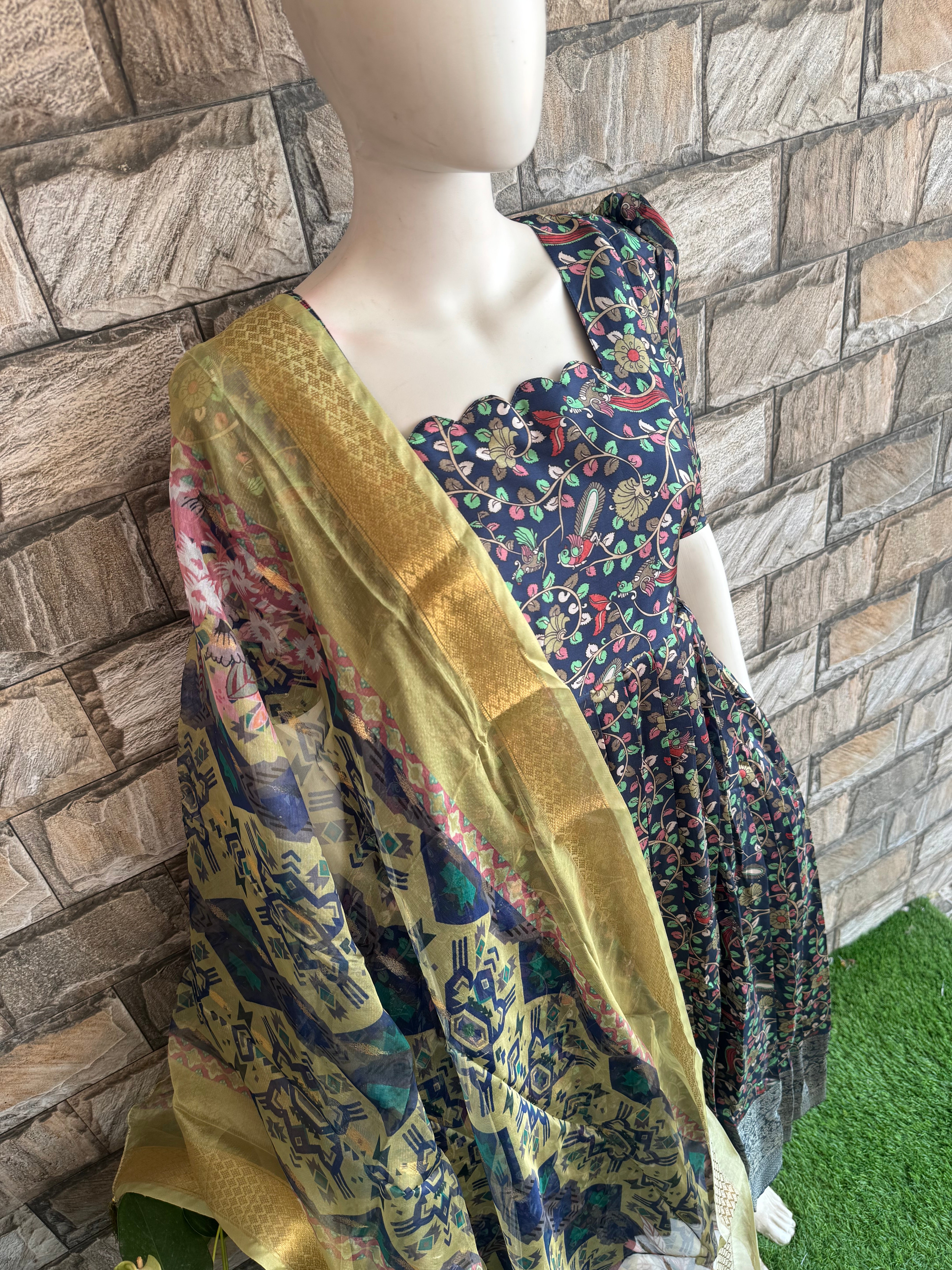 Organza Dupatta for blue Kalamkari