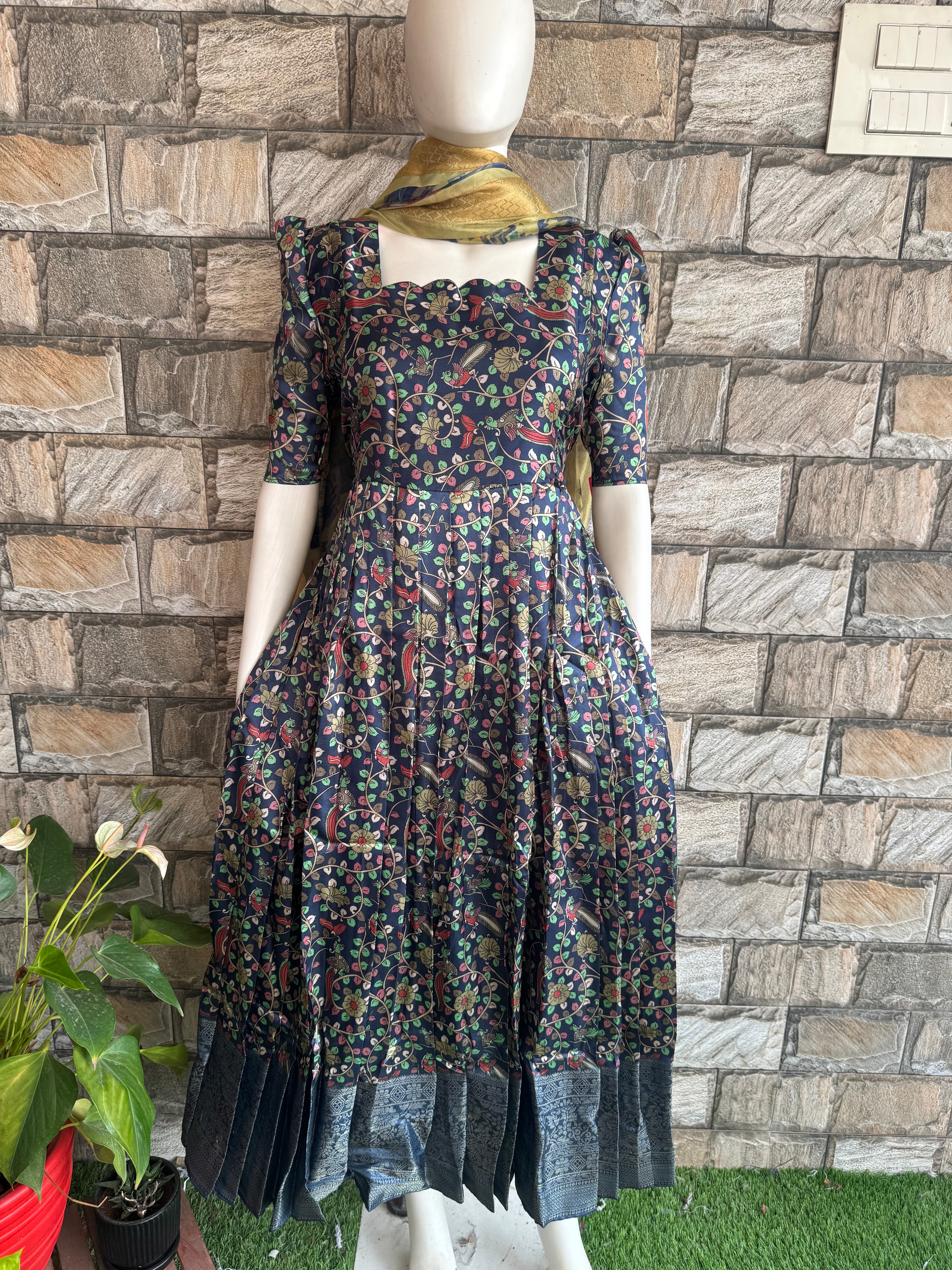 Blue Kalamkari Litchi silk Maternity Maxi