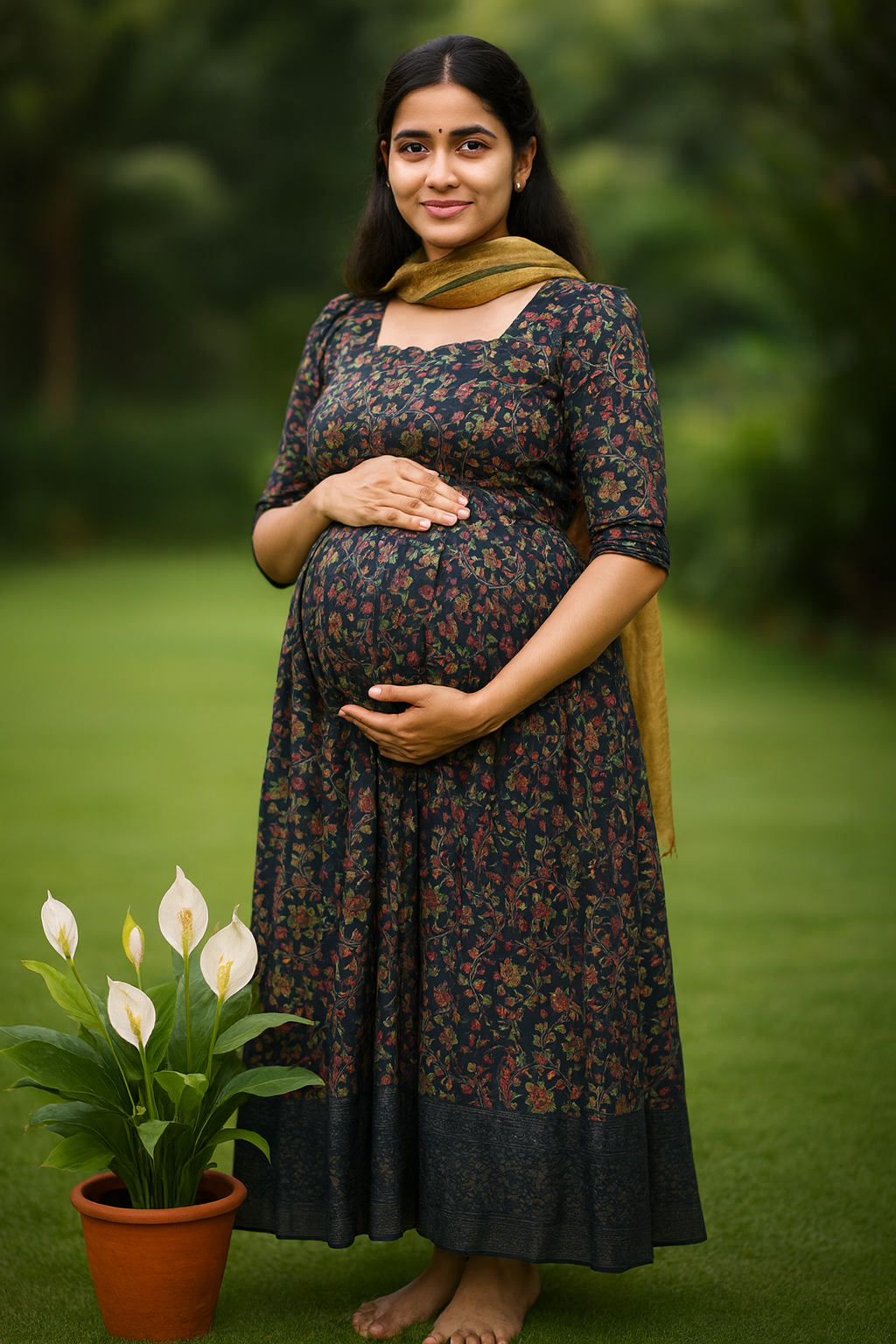 Blue Kalamkari Litchi silk Maternity Maxi