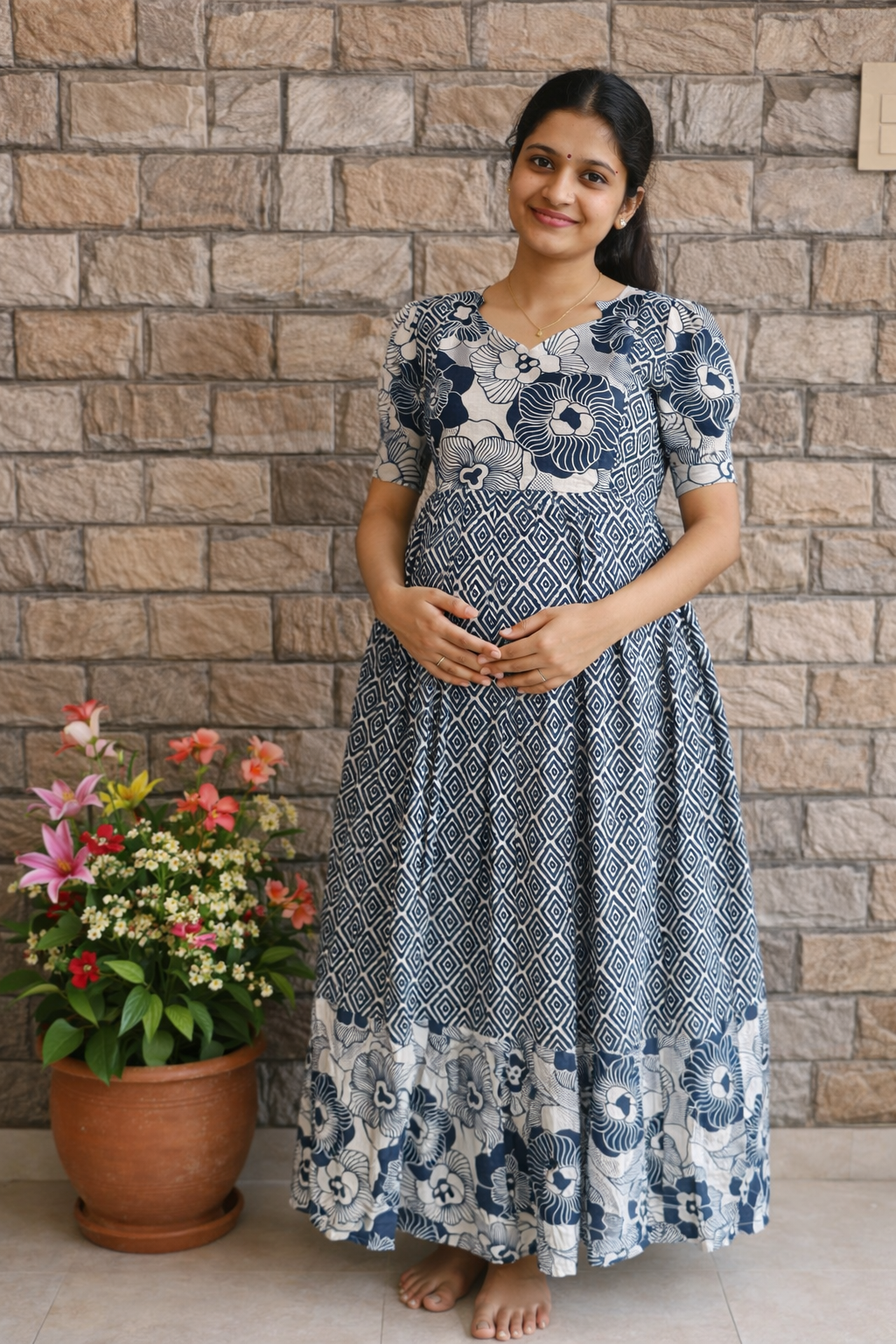Grey Floral Cotton Maternity maxi