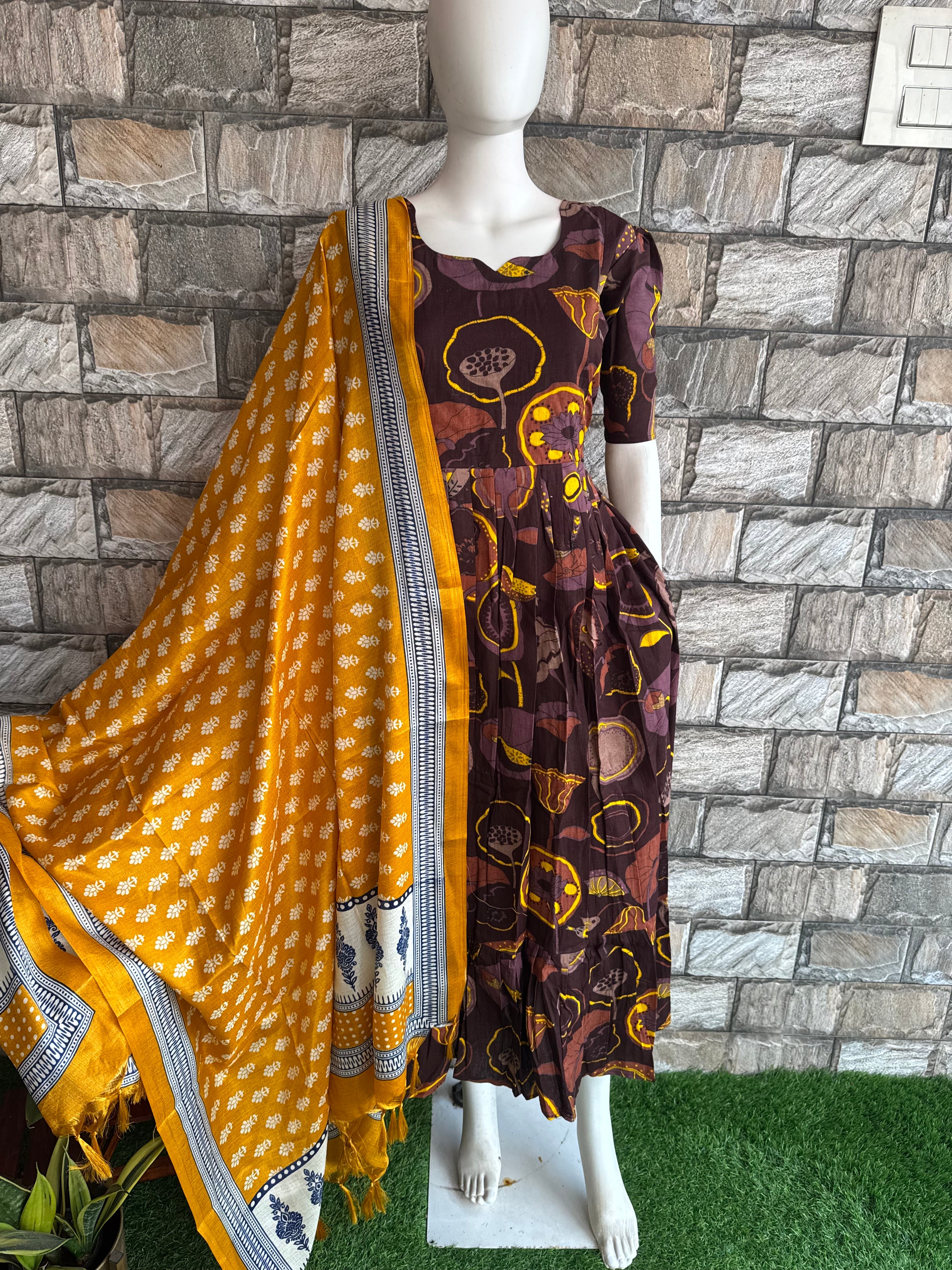Yellow Khadhi Dupatta for Coffee brown Maxi