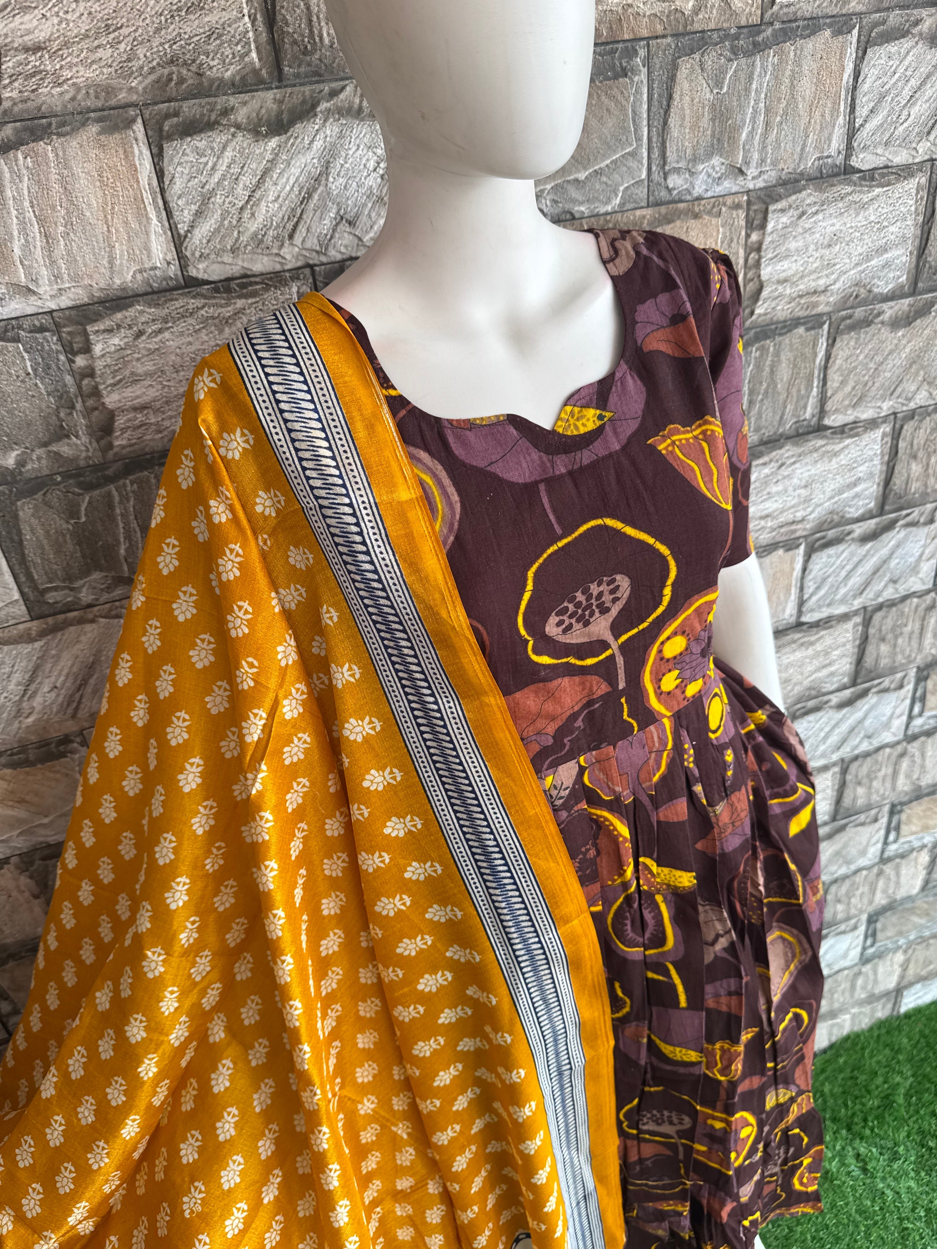 Yellow Khadhi Dupatta for Coffee brown Maxi