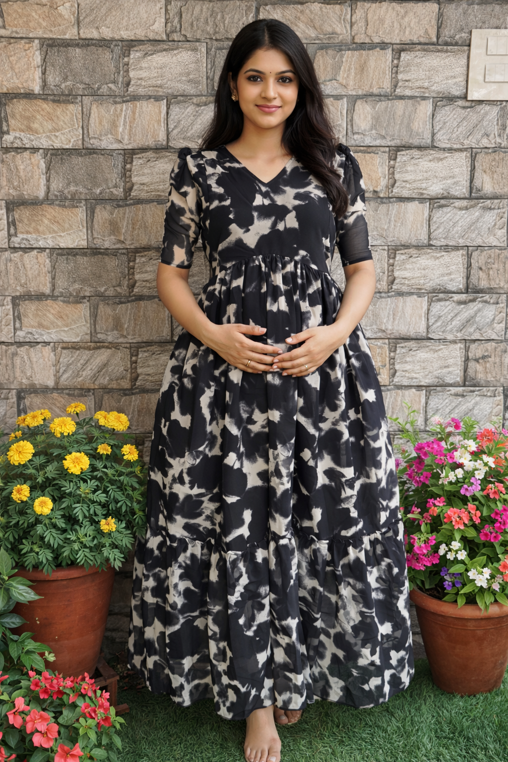 Marble White and Black Georgette Maternity Maxi