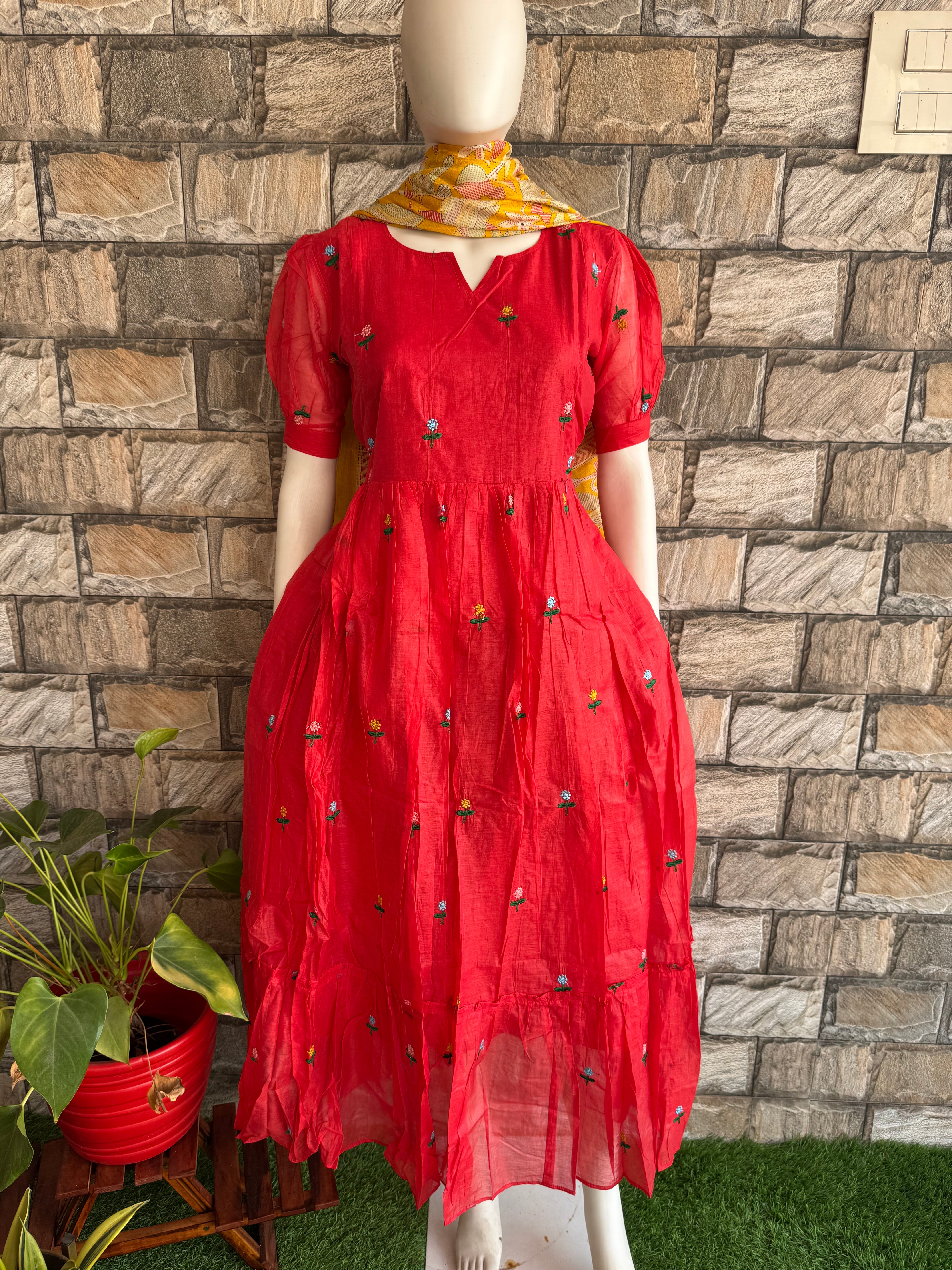 Red Mul chanderi Maternity Maxi - Kaari