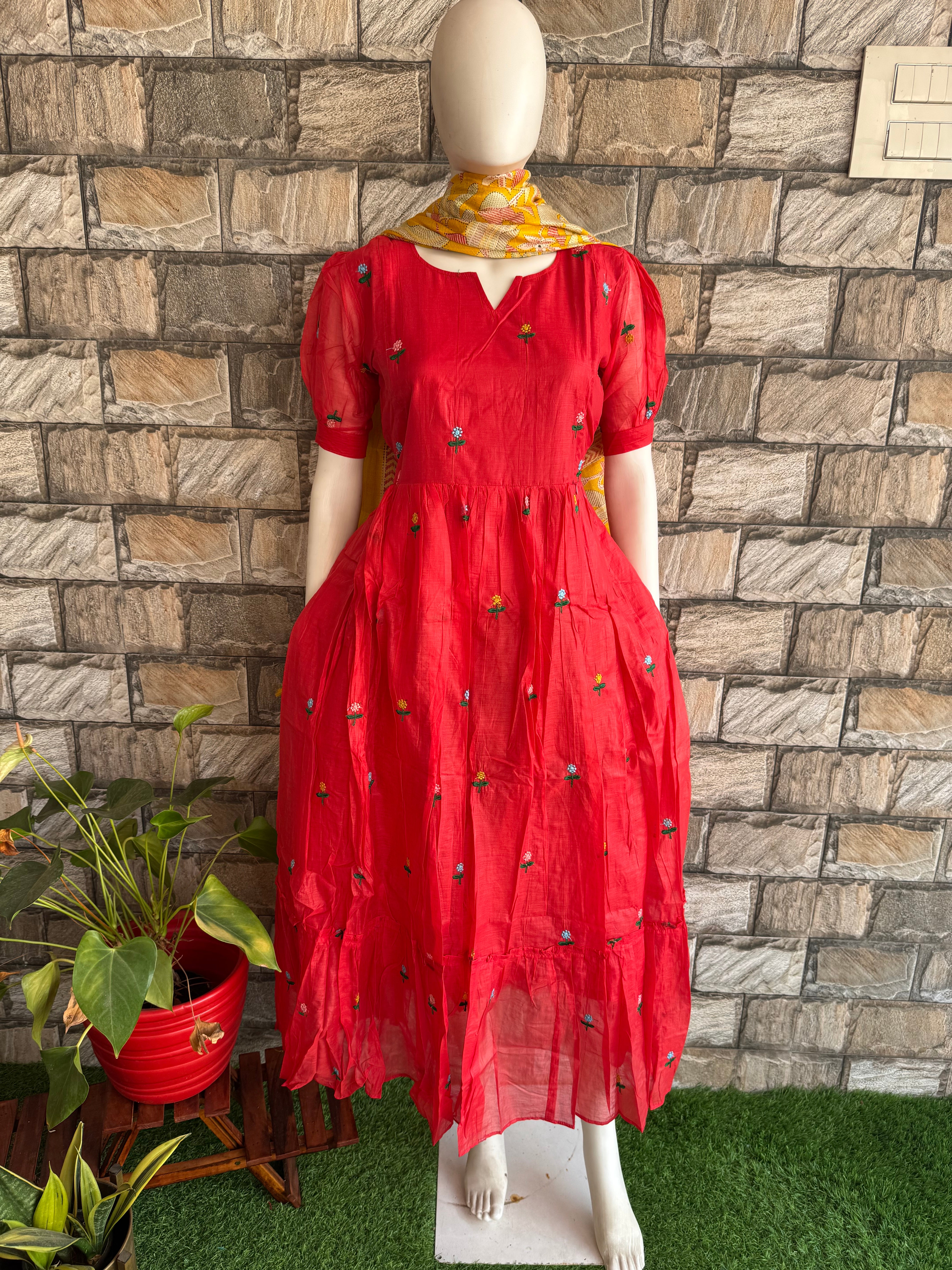 Red Mul chanderi Maternity Maxi - Kaari