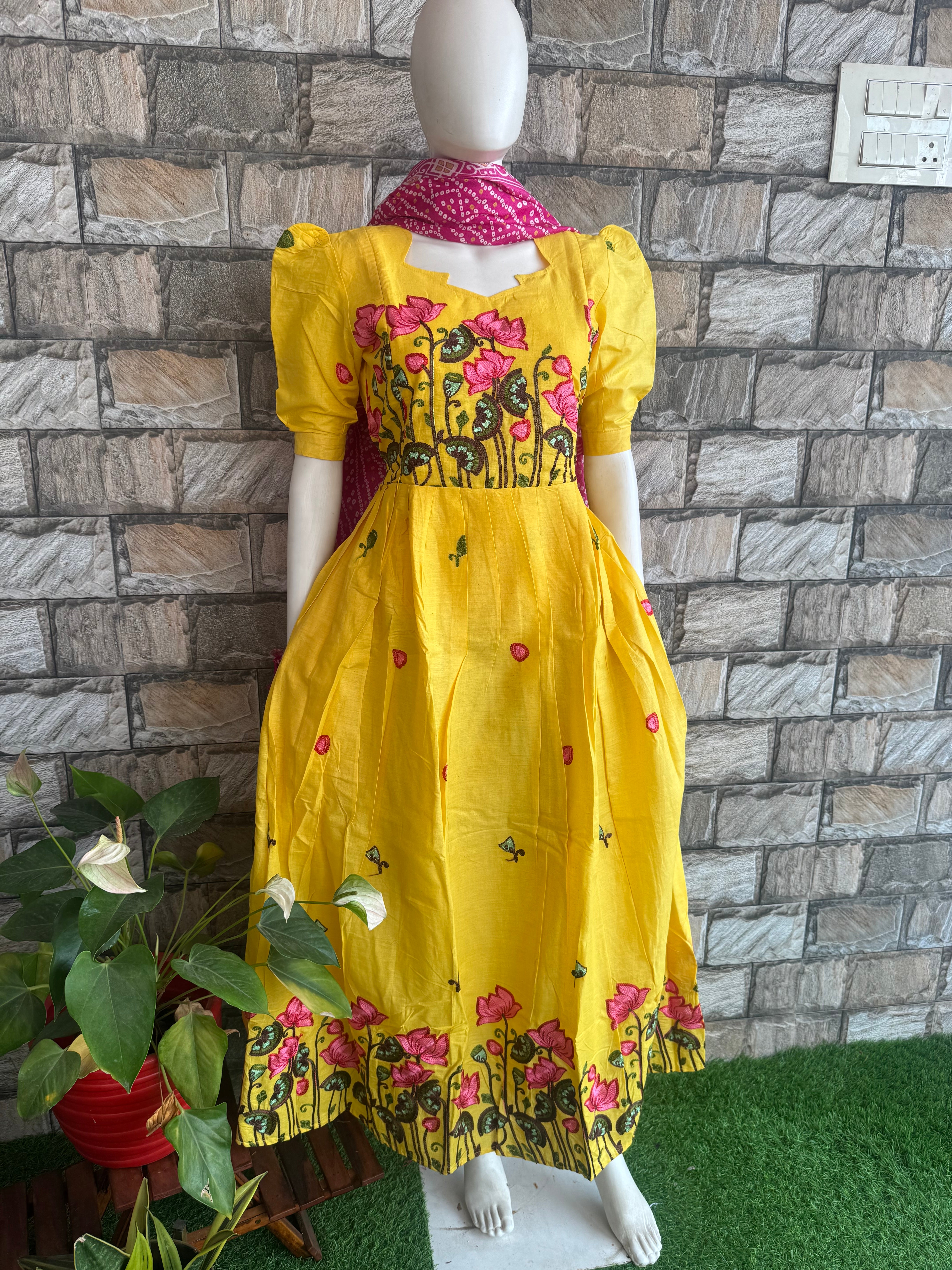 Yellow Kota embroidery Maternity maxi - Lotus
