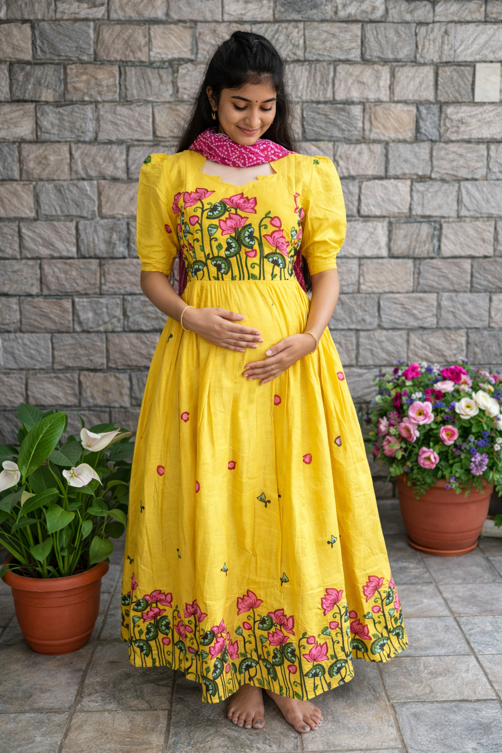 Yellow Kota embroidery Maternity maxi - Lotus