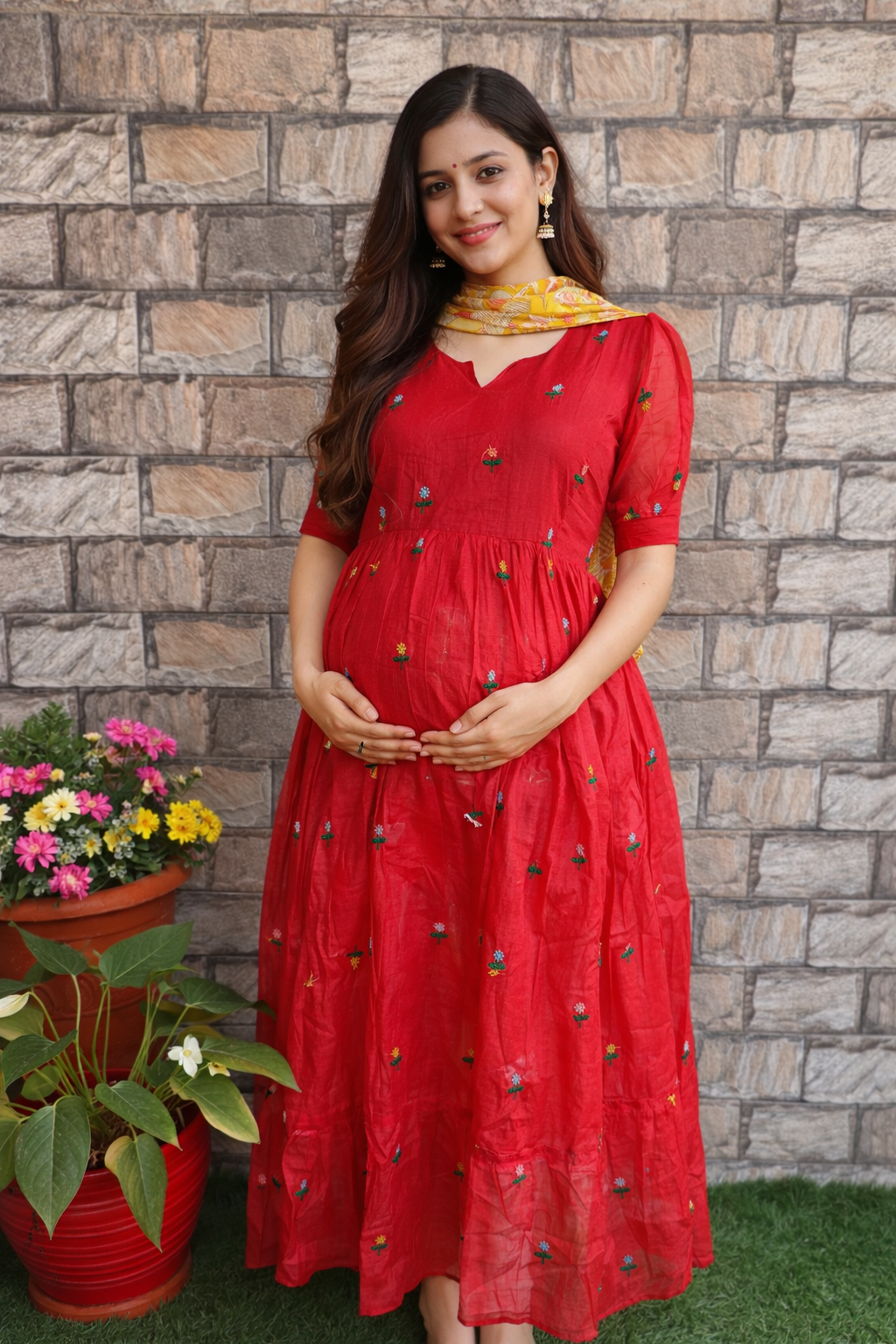 Red Mul chanderi Maternity Maxi - Kaari