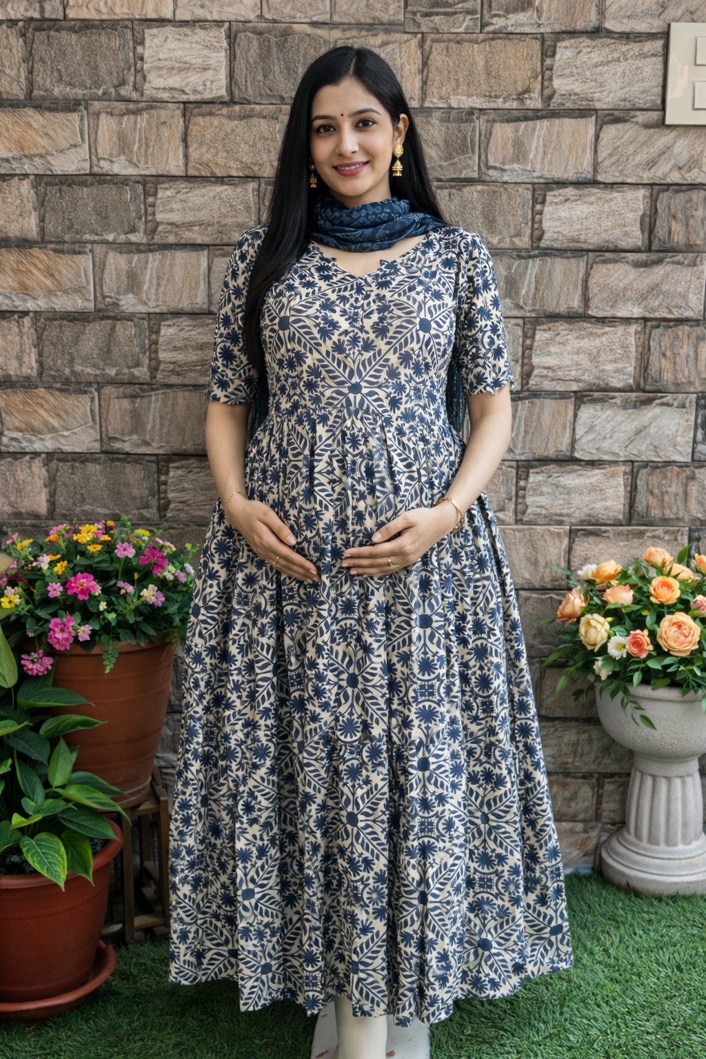 Grey - Half white Rayon Maternity Maxi