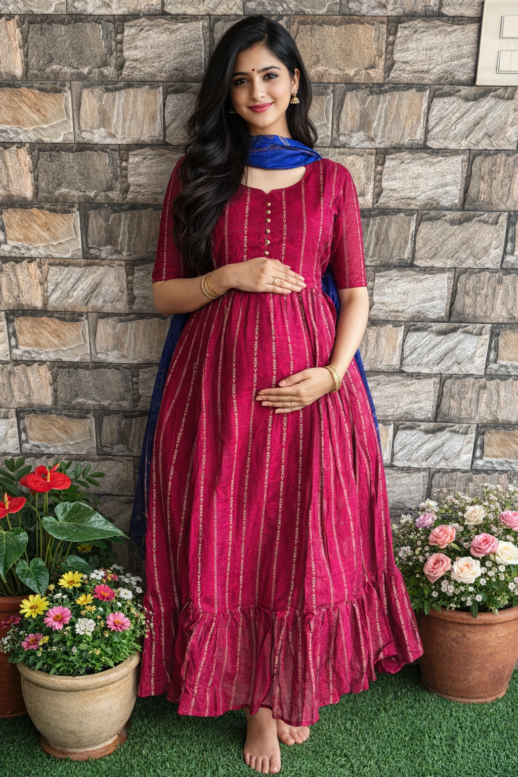 Magenta Pink Raw Silk Maternity Maxi