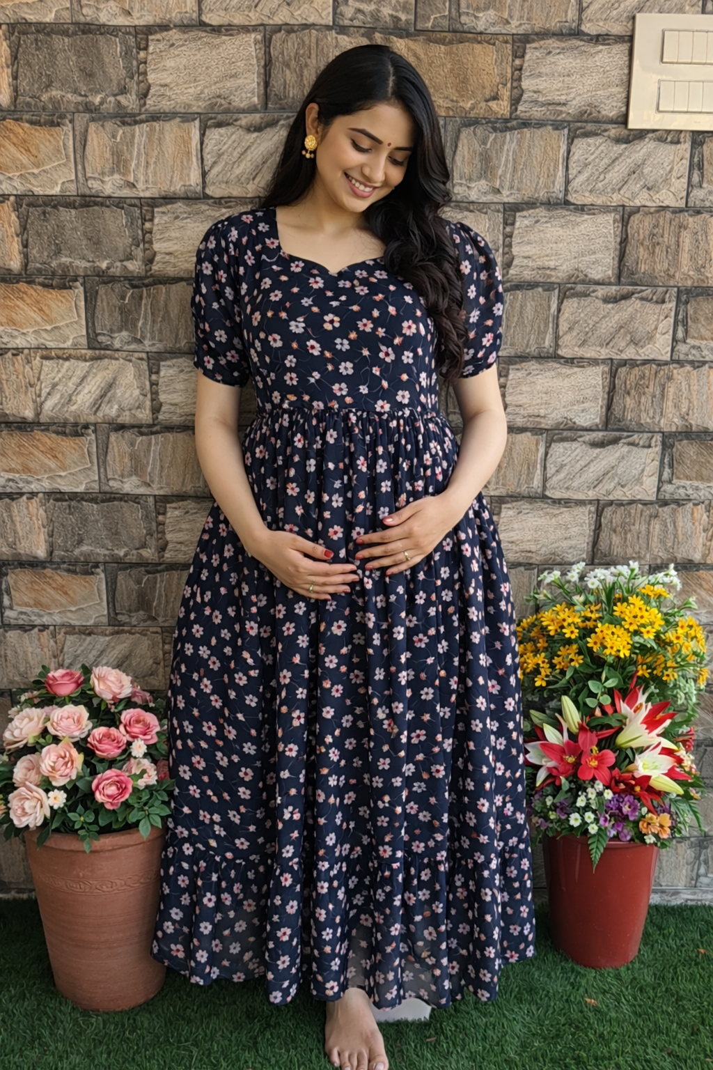 Blackish Navy Mid - night Blossom maternity maxi