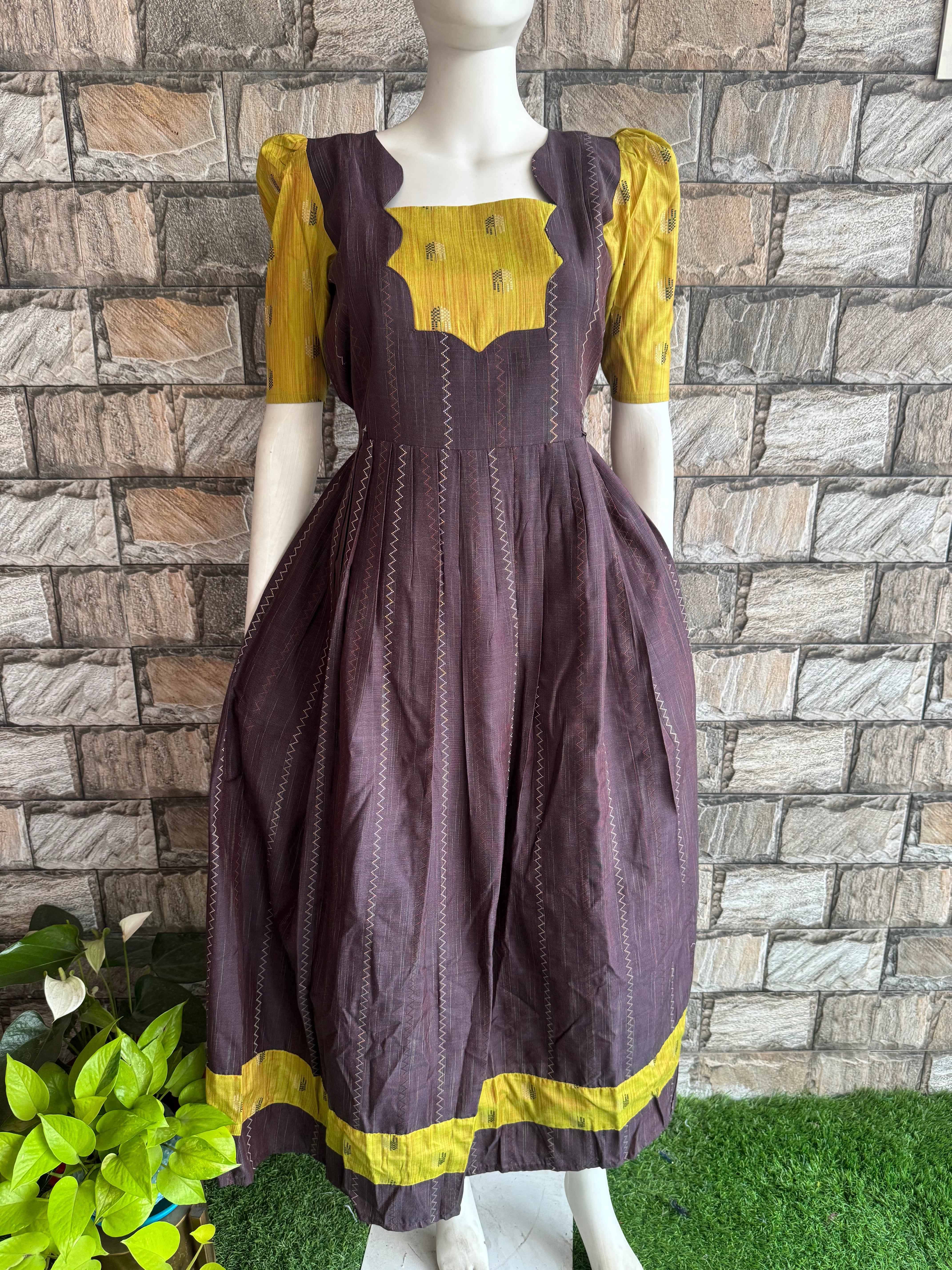 brown green slub silk maxi