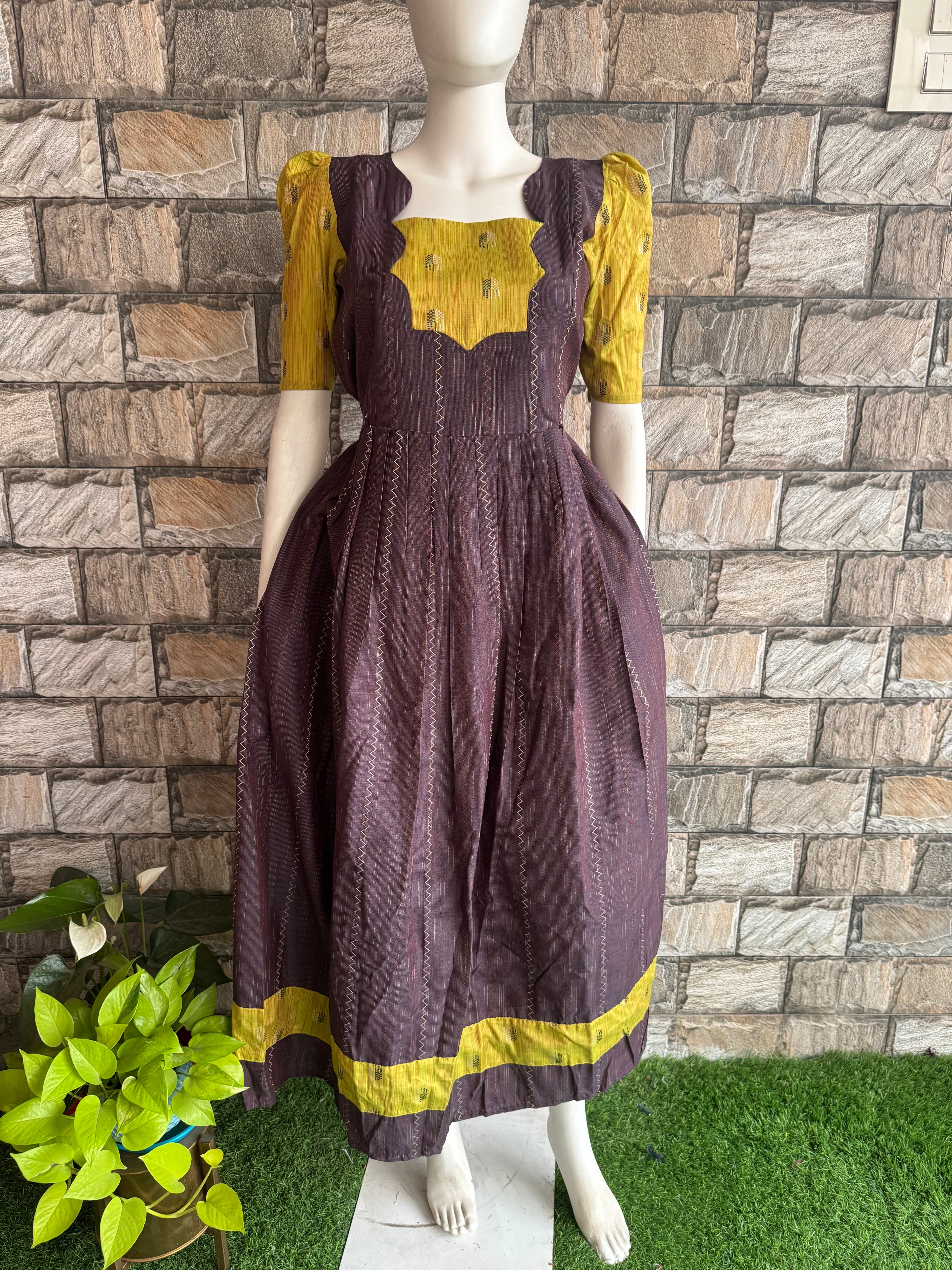 brown green slub silk maxi