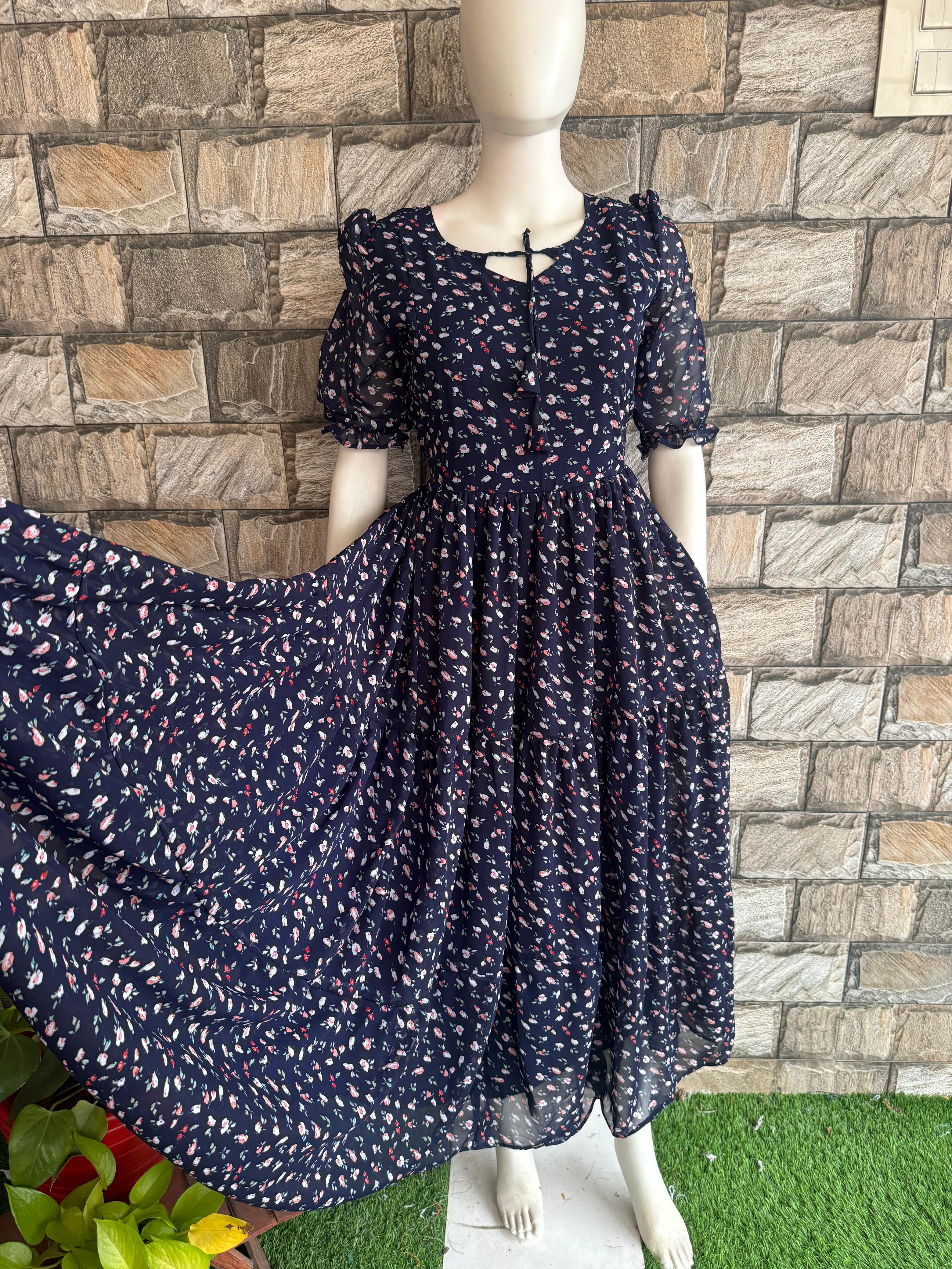 Navy Blue Georgette 3 tier Maxi CF146