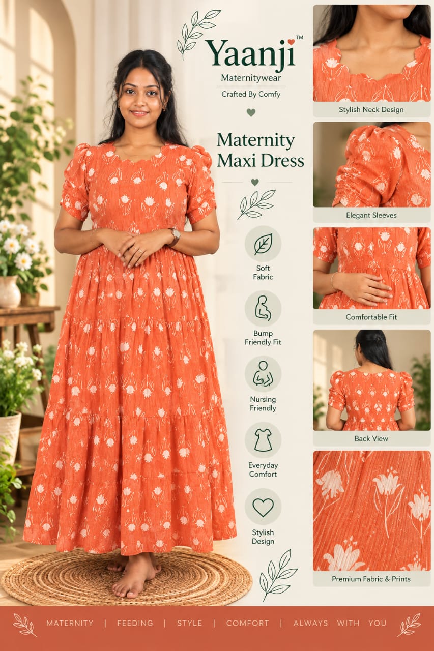 Soft kanta cotton Maternity Feeding  maxi - Rust orange