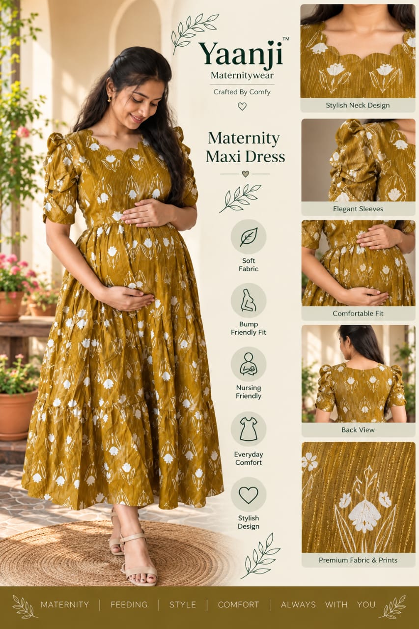 Soft kanta cotton Maternity Feeding  maxi - Olive yellow mix shade