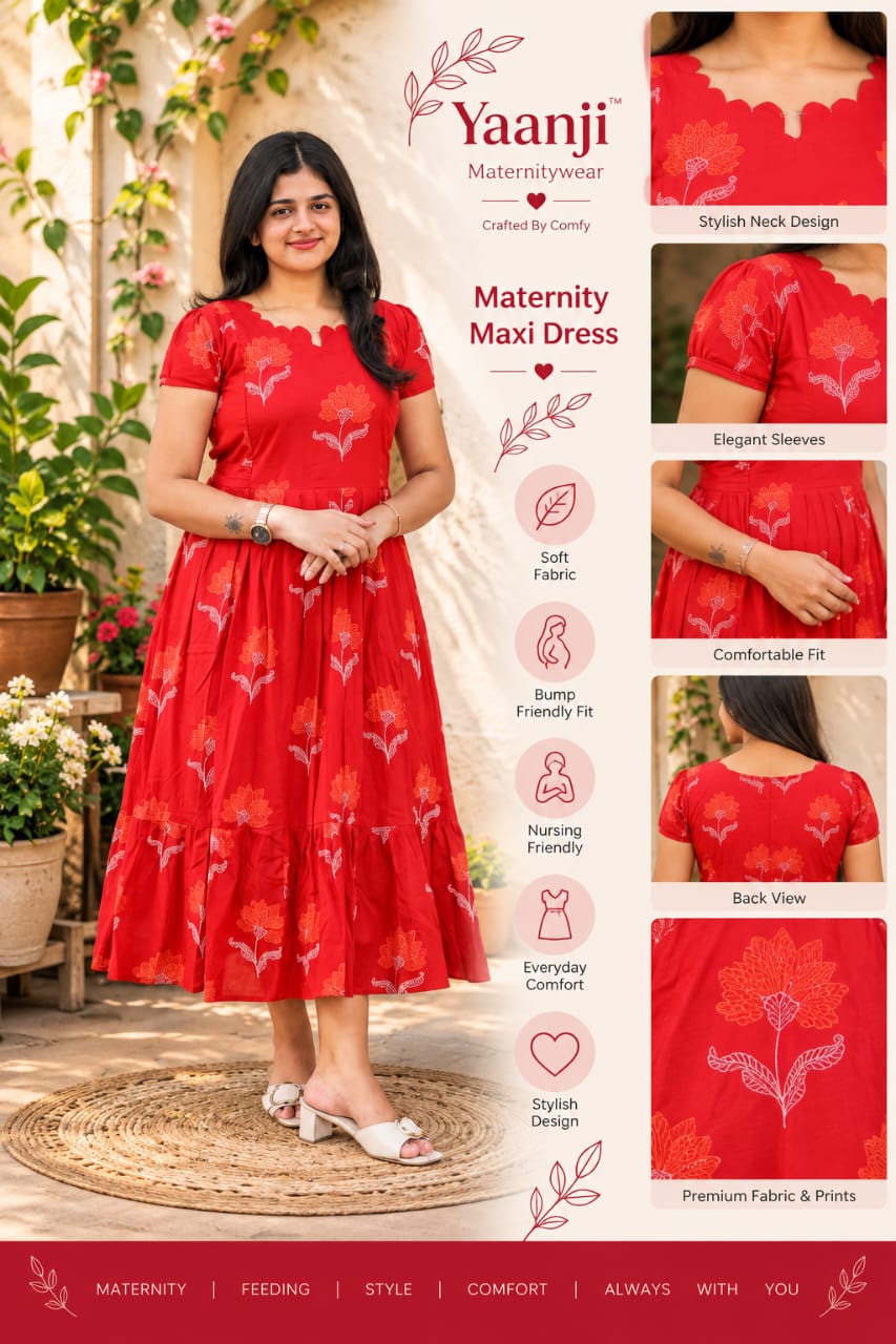 Pure soft cotton Maternity maxi  - Ruby Bloom Maroon shade lil dull shade