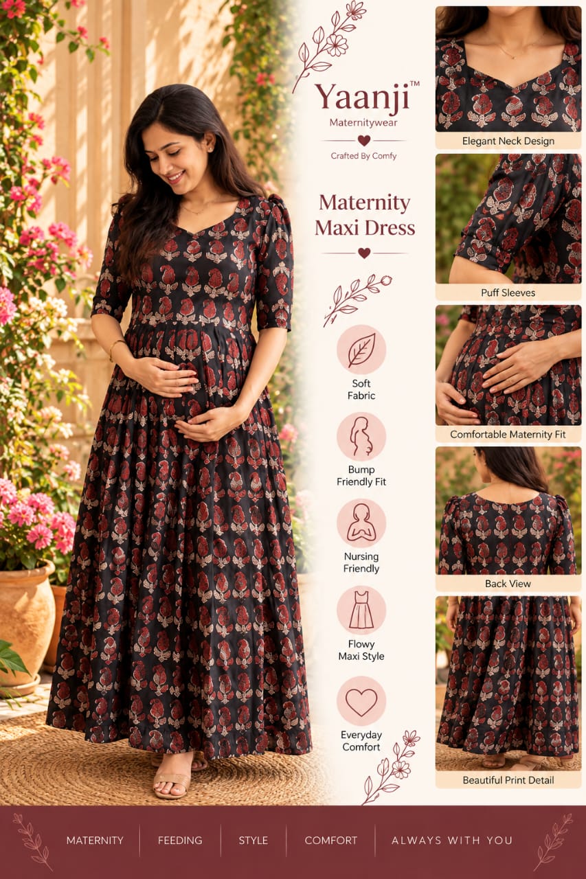 Black Baguru Handblock soft cotton Maternity maxi